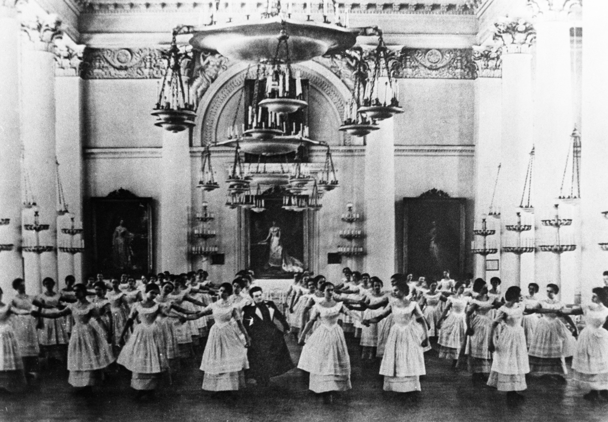 A ballroom dance class at the smolny institute for noble maidens, russia's first women's educational institution, st, petersburg, russia, late 19th century. (