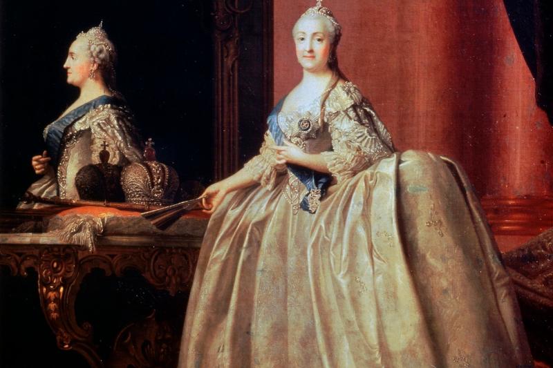 'Empress Catherine II before the Mirror', 1779. Catherine the Great (1729-1796) came to the throne in 1762. A German princess, she was chosen at the age of 14 to be the wife of Peter III of Russia. 