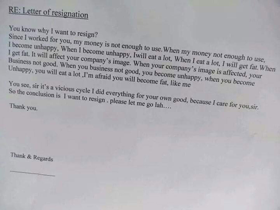 resigning for weight gain resignation letter explaining that employee will get too fat