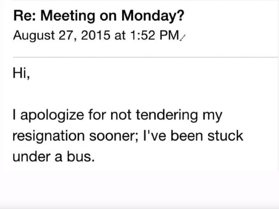 stuck under a bus email which says the employee was stuck under a bus