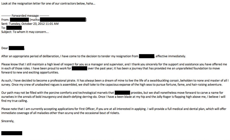pirate letter letter of resignation from man who wants to be a pirate