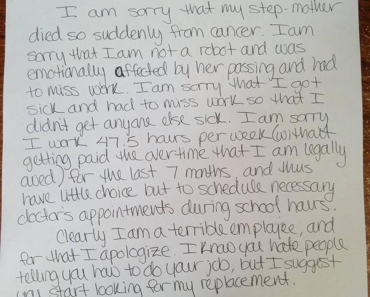 sarcastic resignation letter apologizing for the death of family member which caused work absence