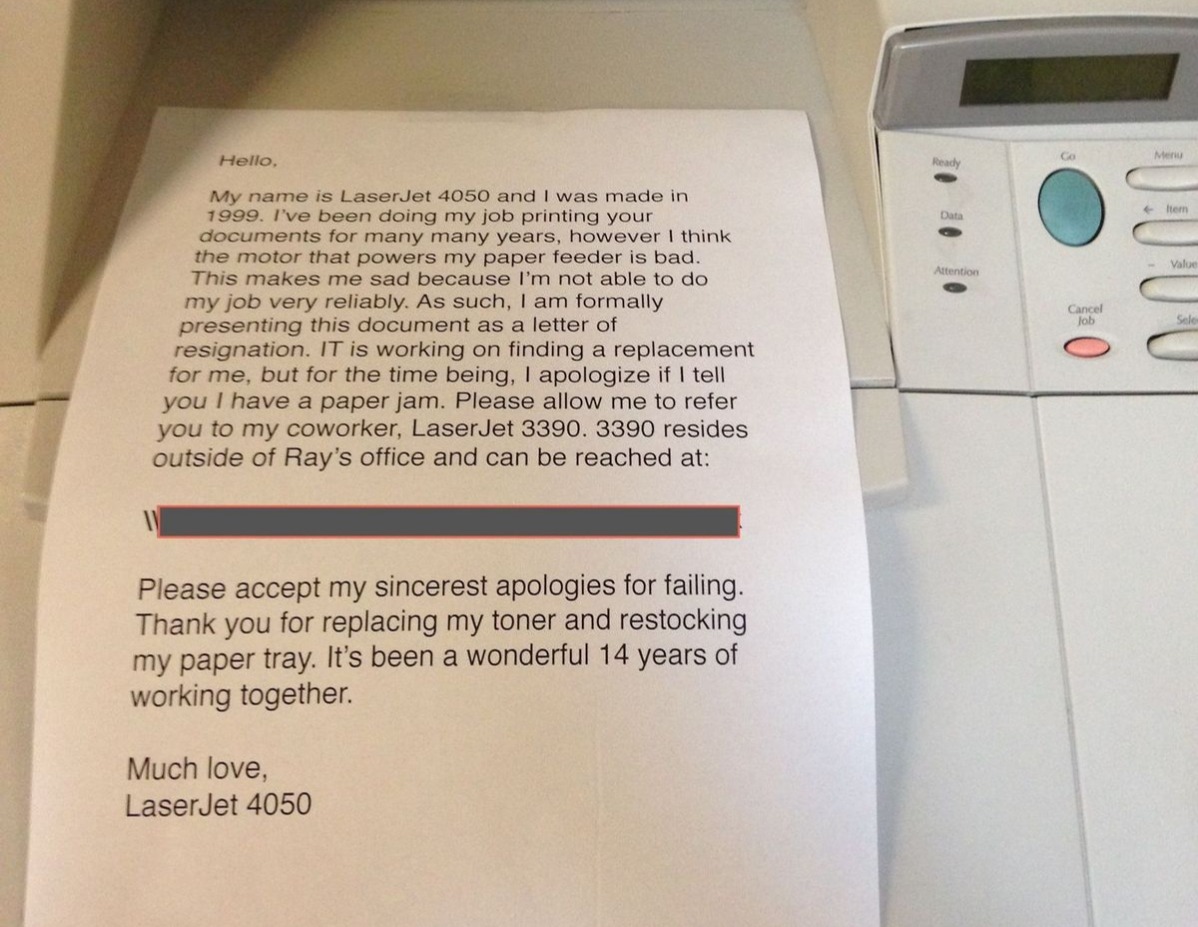 printer resigns a letter from a printer that's