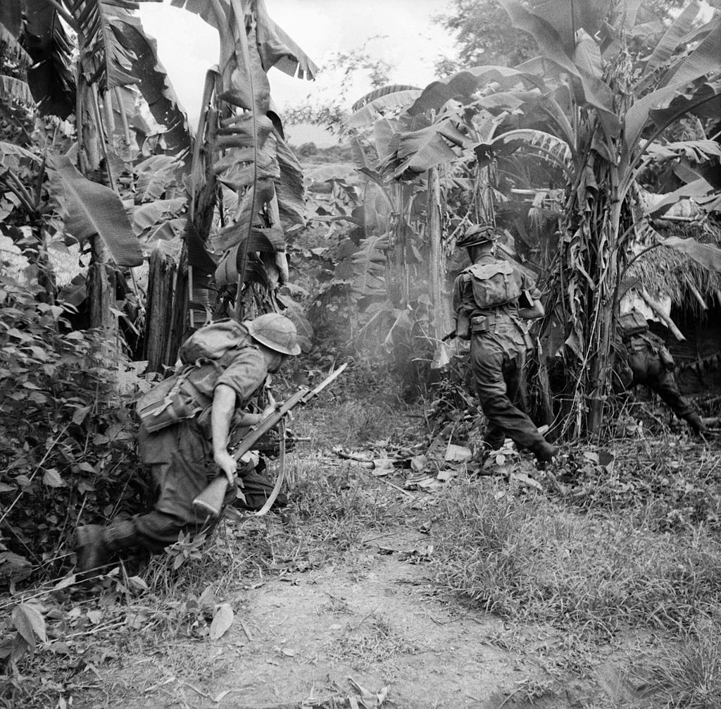 soldiers advance through a banana grove