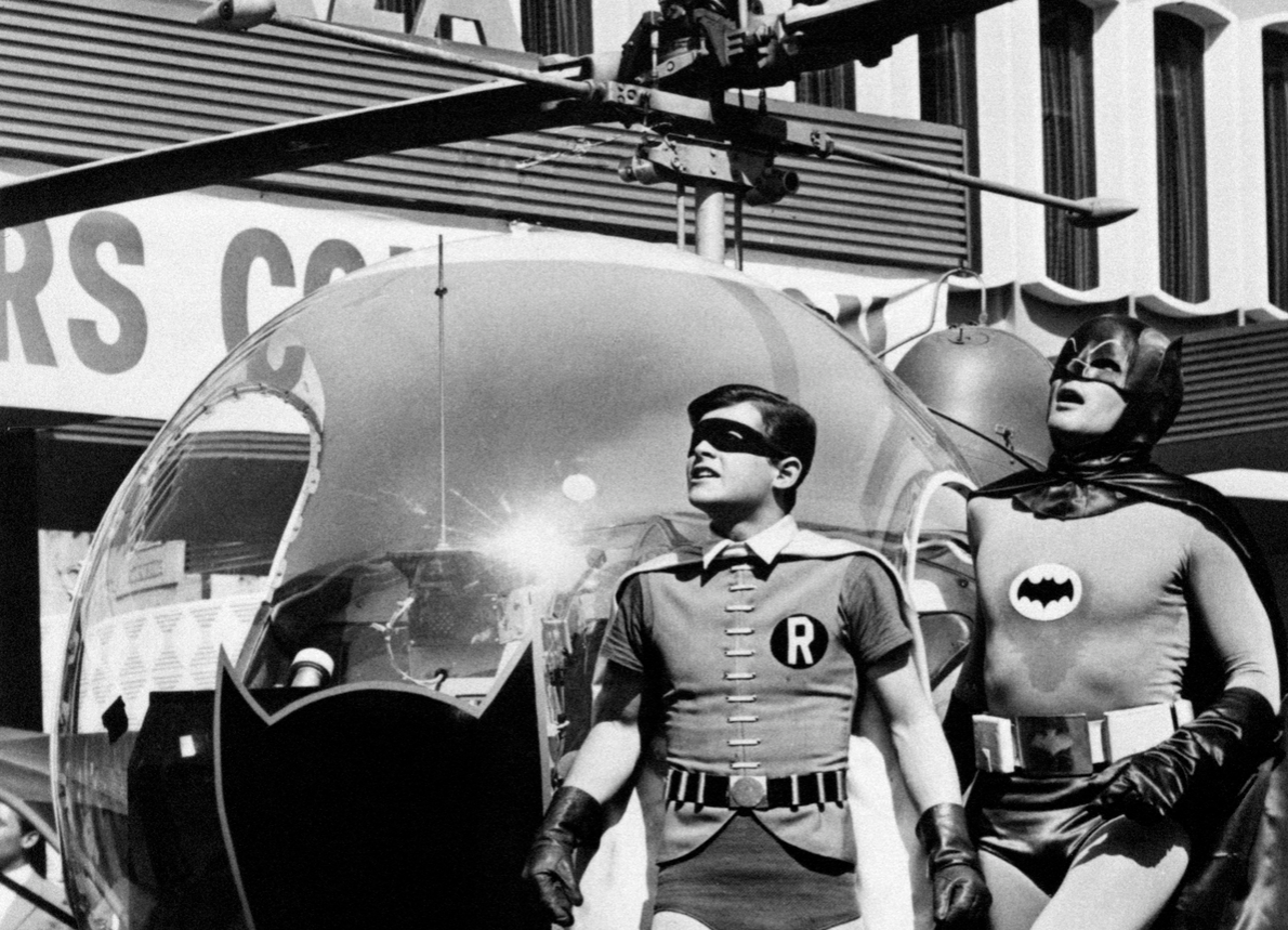 American actors Adam West (William West Anderson) and Burt Ward (Bert Gervis Jr.) wearing the costumes of the comics superheroes Batman and Robin in the TV series in 1966