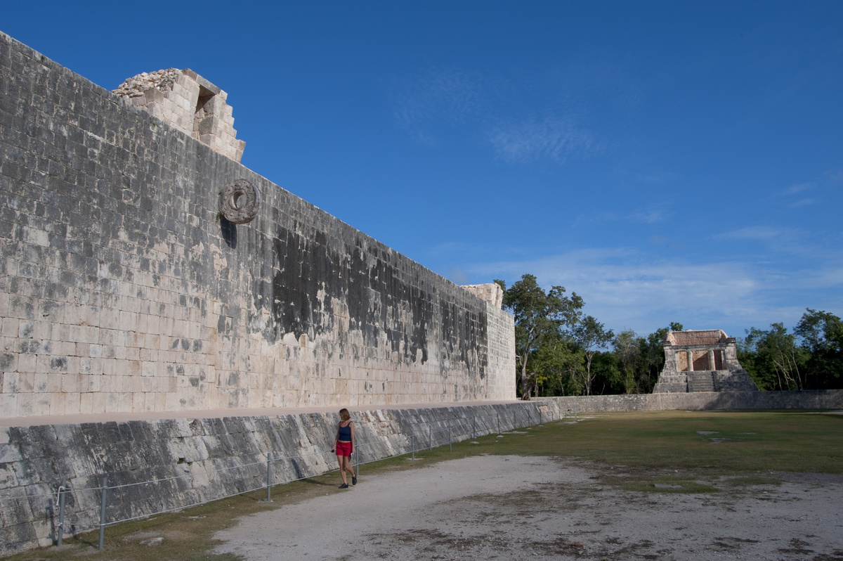 Mexico, Yucatan Peninsula, Near Cancun, Maya Ruins Of Chichen Itza, The Great Ball Court With The Bearded Man Temple In Background, Tourist.