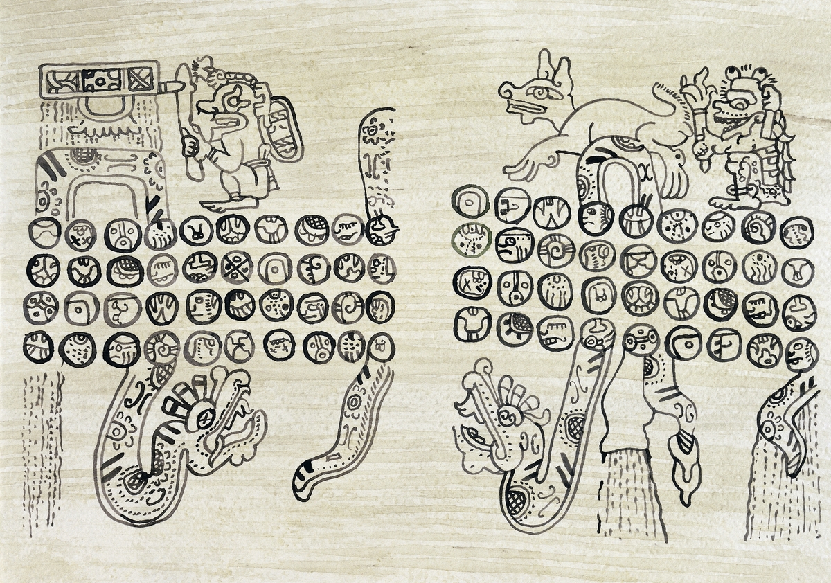 Divinatory almanac in Mayan writing, drawing, reproduction of pages from the Madrid Codex, also known as Tro-Cortesianus Codex.