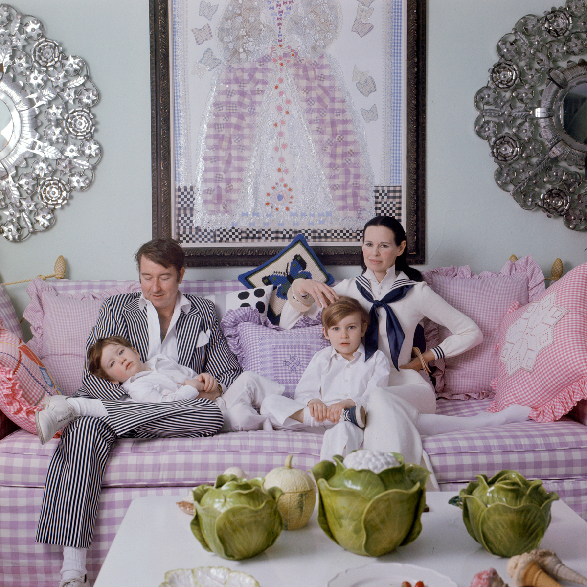 Family portrait of the Coopers as they play on a sofa in their home, Southampton, Long Island, New York, March 30, 1972.