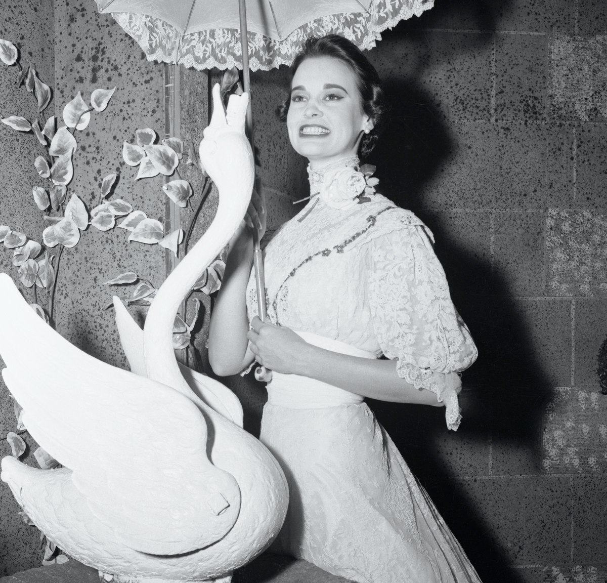 Heiress and stage actress Gloria Vanderbilt wearing her third act costume after her performance in The Swan by Ferenc Moldar.