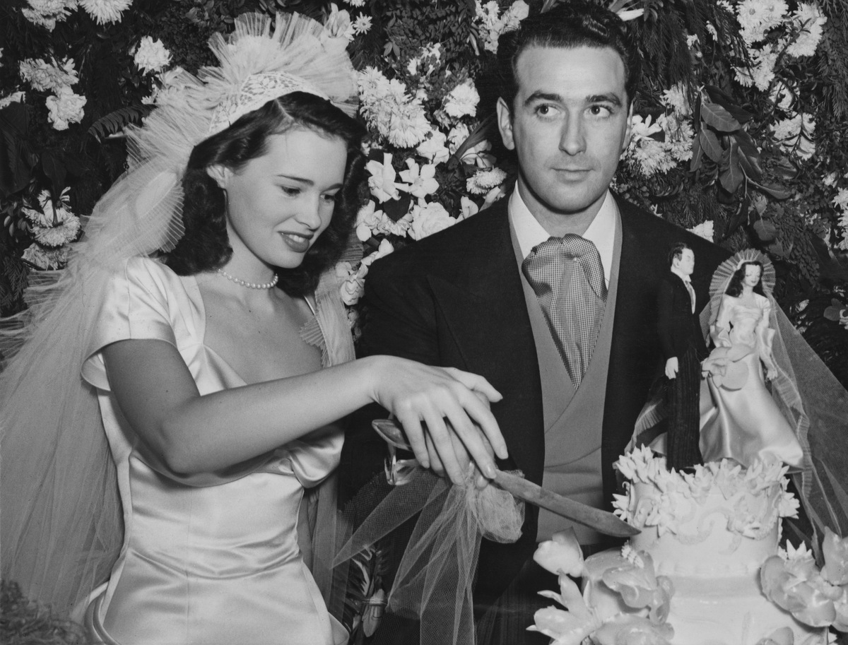 Gloria Vanderbilt, with her first husband, agent and movie producer Pat DiCicco at their wedding reception.