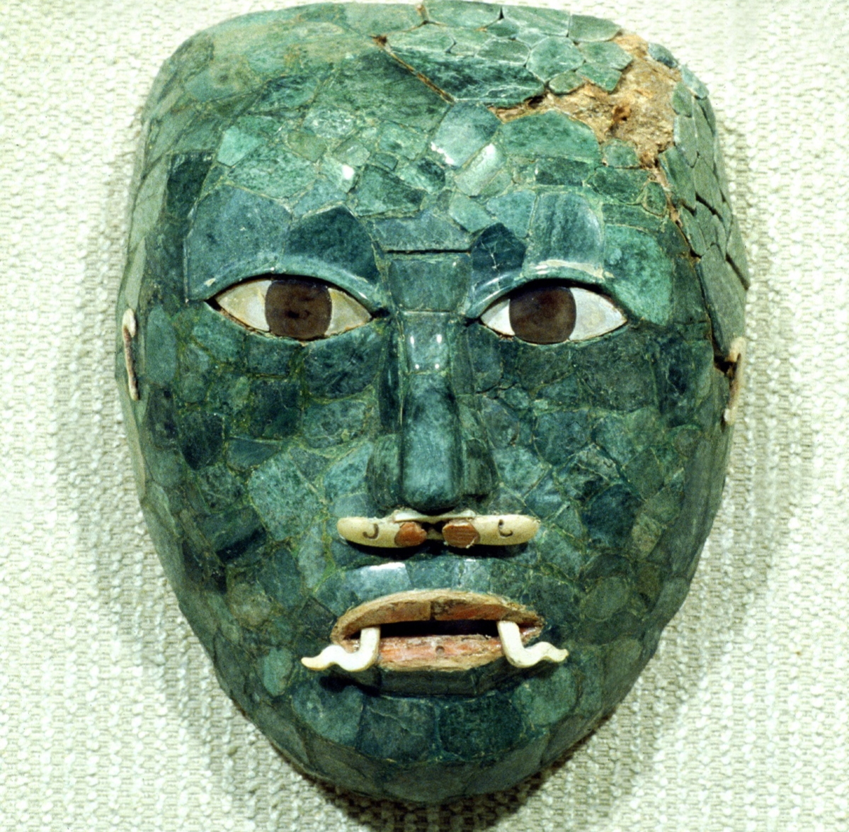 Discovered in a sepulture of structure 2, it has teh particularity to have two mother-of-pearl fangs at the corners of the mouth. Museum of Campeche, Mexico.