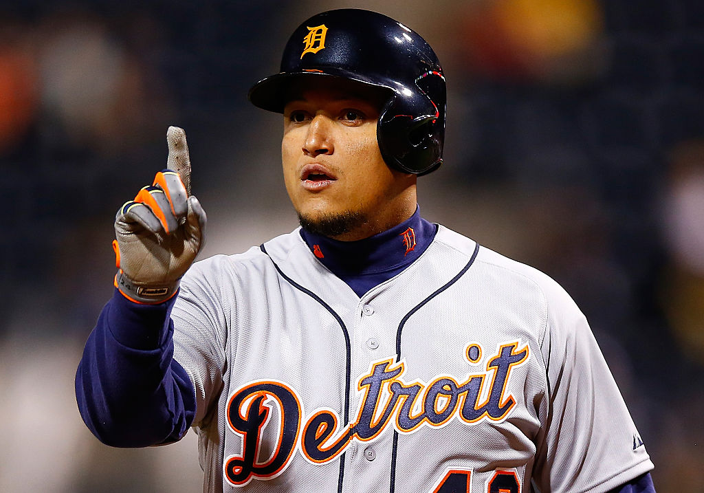 Miguel Cabrera #24 of the Detroit Tigers argues with the umpires in the ninth inning against the Pittsburgh Pirates while wearing the #42 to commemorate Jackie Robinson Day during the game at PNC Park on April 15, 2015 in Pittsburgh, Pennsylvania-469859612