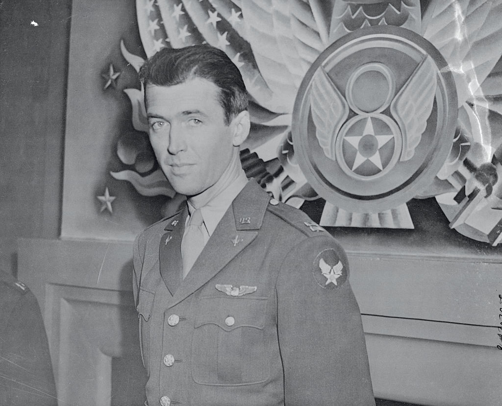 Captain James Stewart has changed his occupation from making feminine hearts throb to making bomber motors roar over occupied territory. 