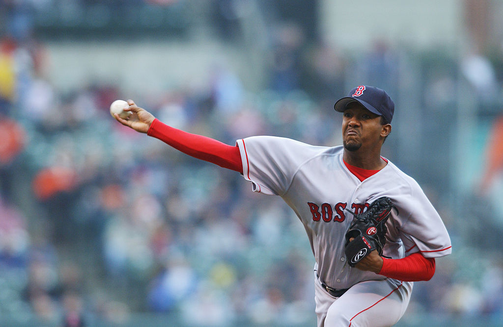 #45 of the Boston Red Sox throws a pitch during the game against the Baltimore Orioles 