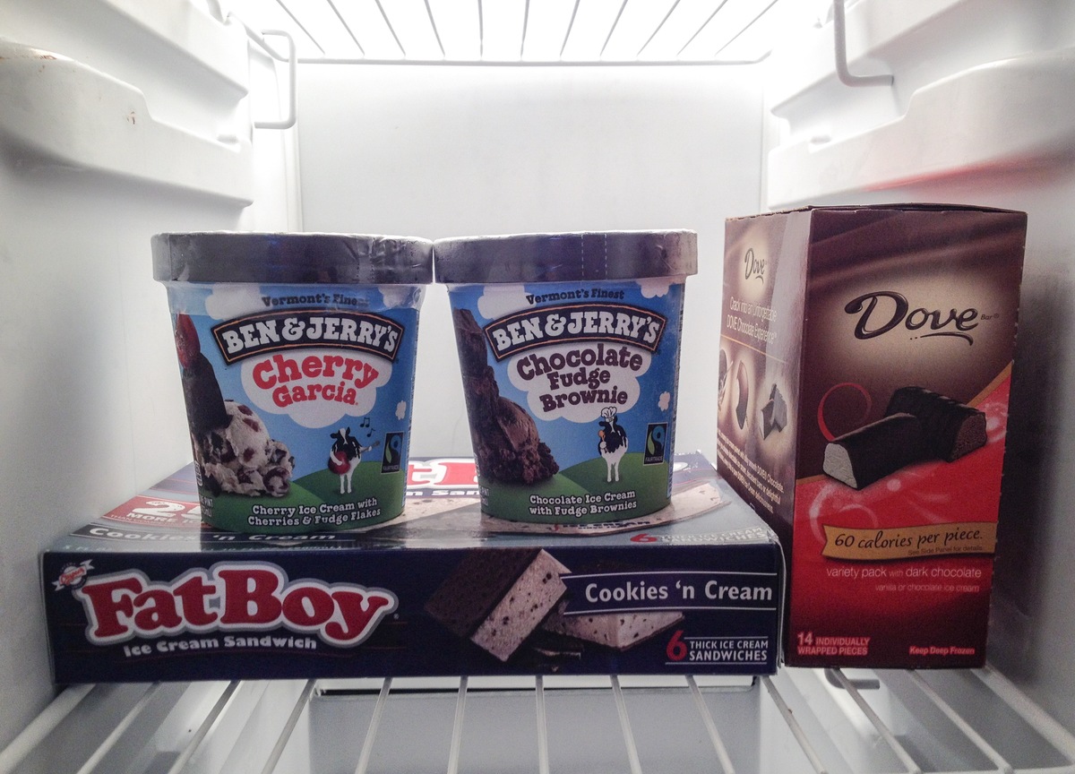 Variety of ice cream treats stored in a freezer