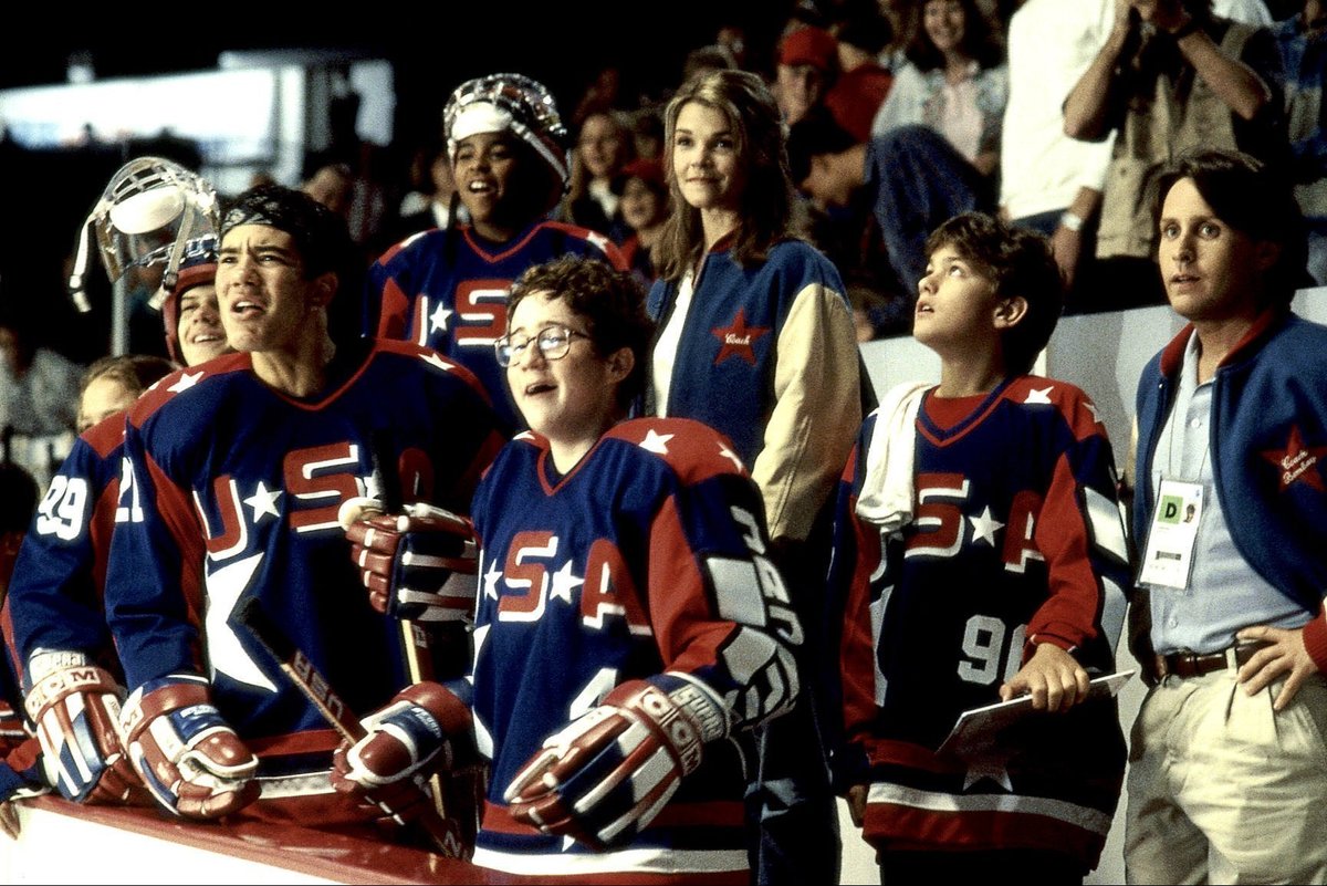 emilio estevez with the cast of the second might ducks movie