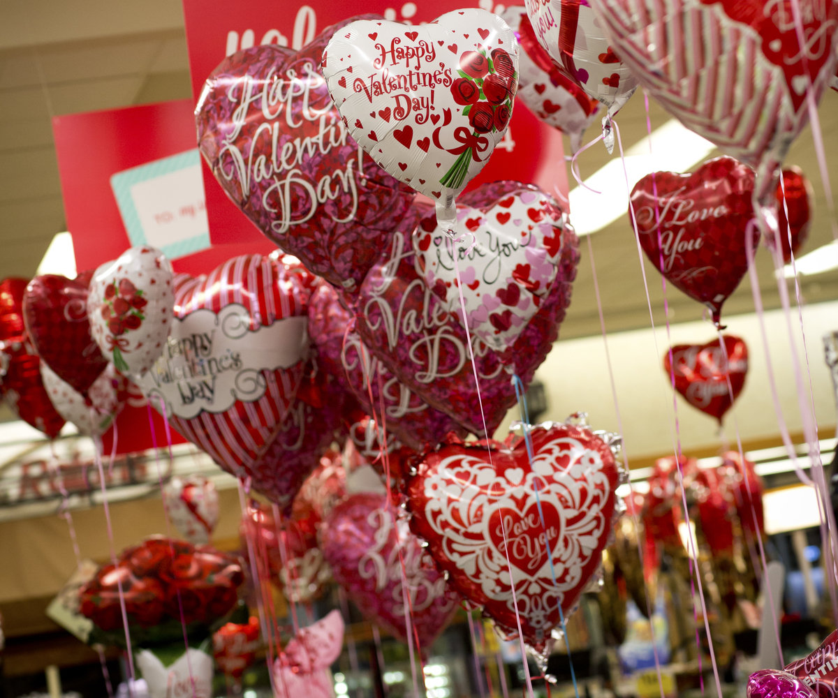  Heart shaped balloons in a grocery store in San Diego. 