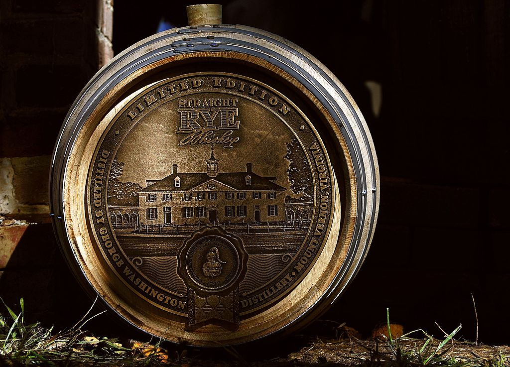 Barrels full of freshly produced whiskey are shown prior to the dedication ceremony for the newly restored George Washington Distillery 
