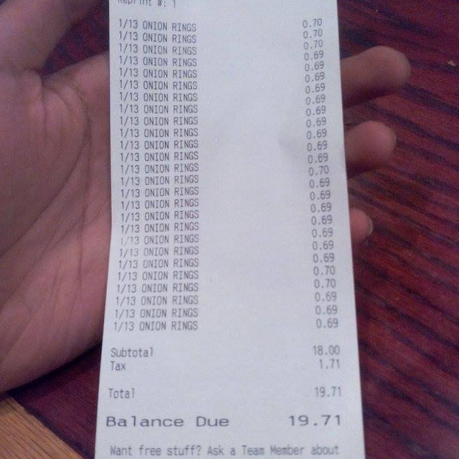 receipt that shows each onion ring charged separate amount