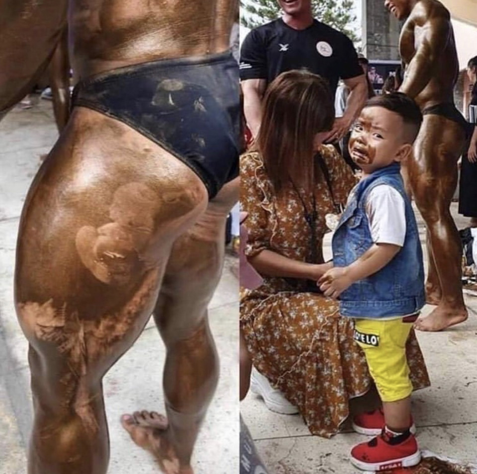a body builder's spray tan got all over a kid who hugged him