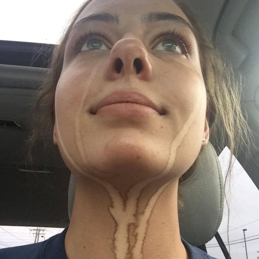 girl with tears that left marks on her spray tan