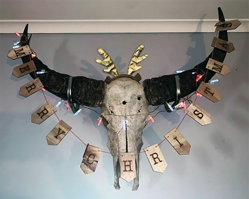 An animal skull on the wall is decorated with a Merry Christmas sign.