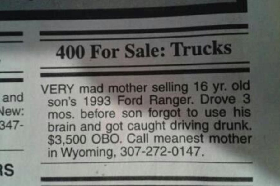 truck for sale because kid got into a DUI