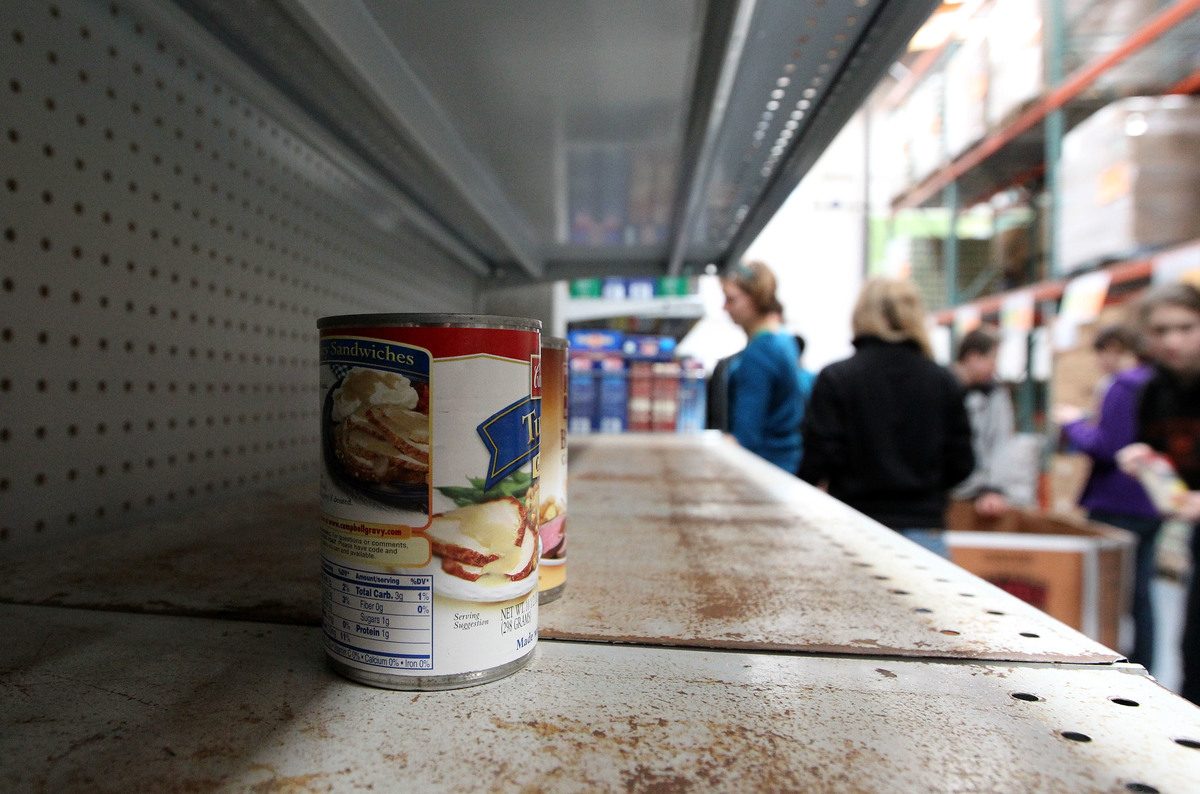 Canned food sits on the shelf at the San Francisco Food Bank.
