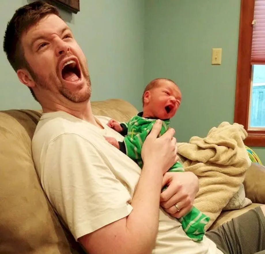 Dad screaming alongside baby