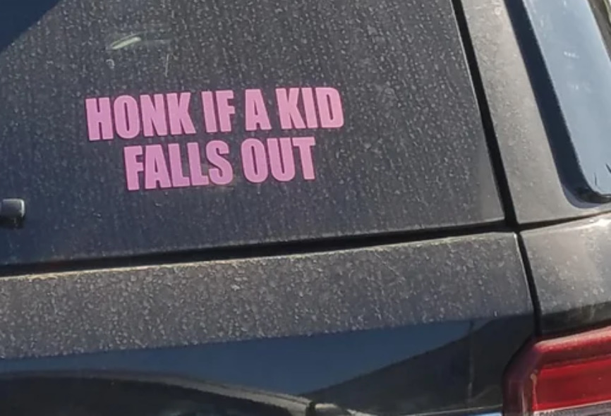 Car sticker reads 