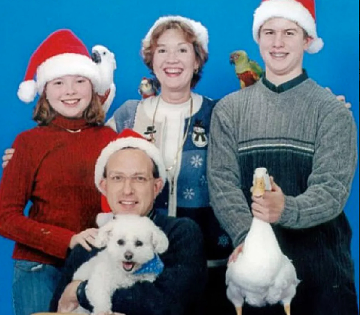 birds family has many birds ,including a duck, in Christmas photo