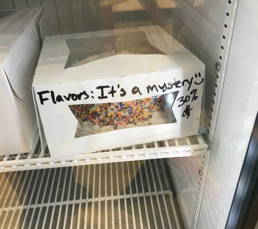 an ice cream cake that wasn't labeled so it's a mystery flavour 