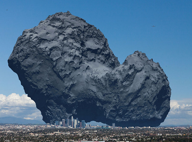 the rosetta comet CGI over the city of los angeles for scale