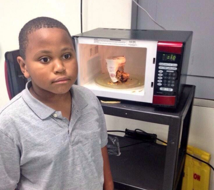 a kid forgot to put water in his noodles cup