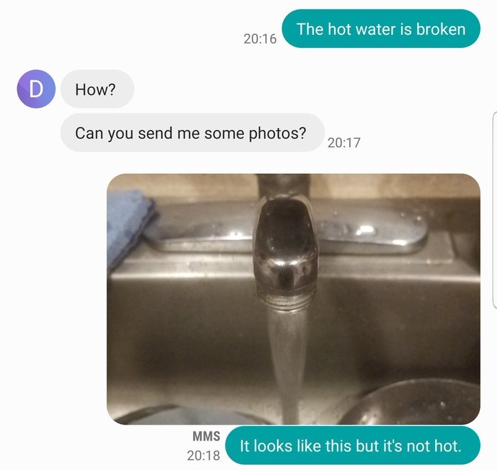 hot water text exchange with landlord about hot water