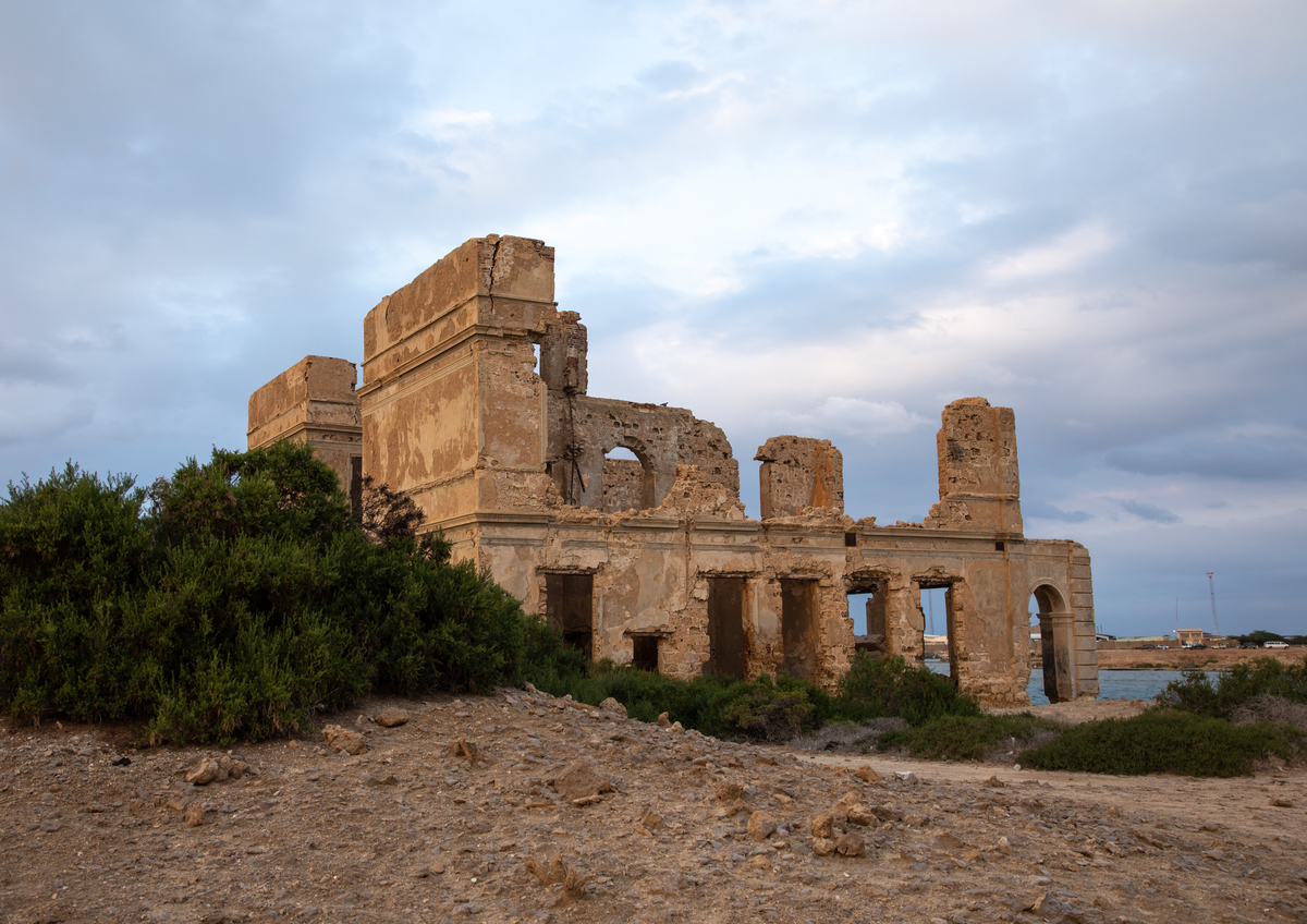 Ruined ottoman coral buildings sit on Suakin Island in the Red Sea.