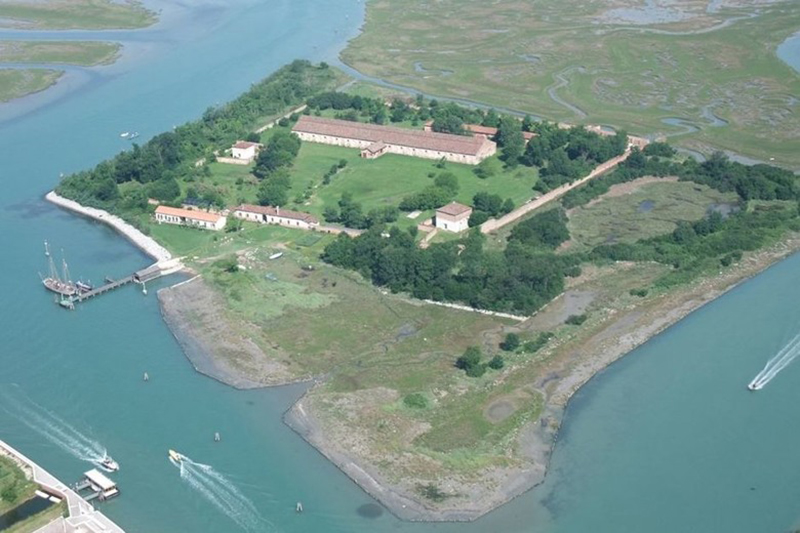 An aerial view shows the Italian island Lazzaretto Nuovo.