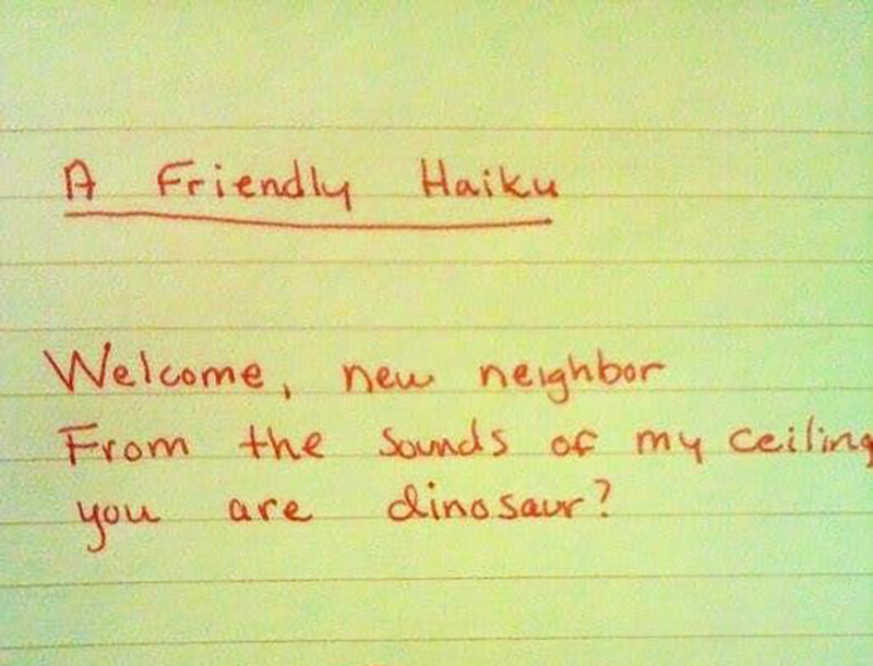 A haiku refers to a neighbor as a dinosaur based on the sounds they make.