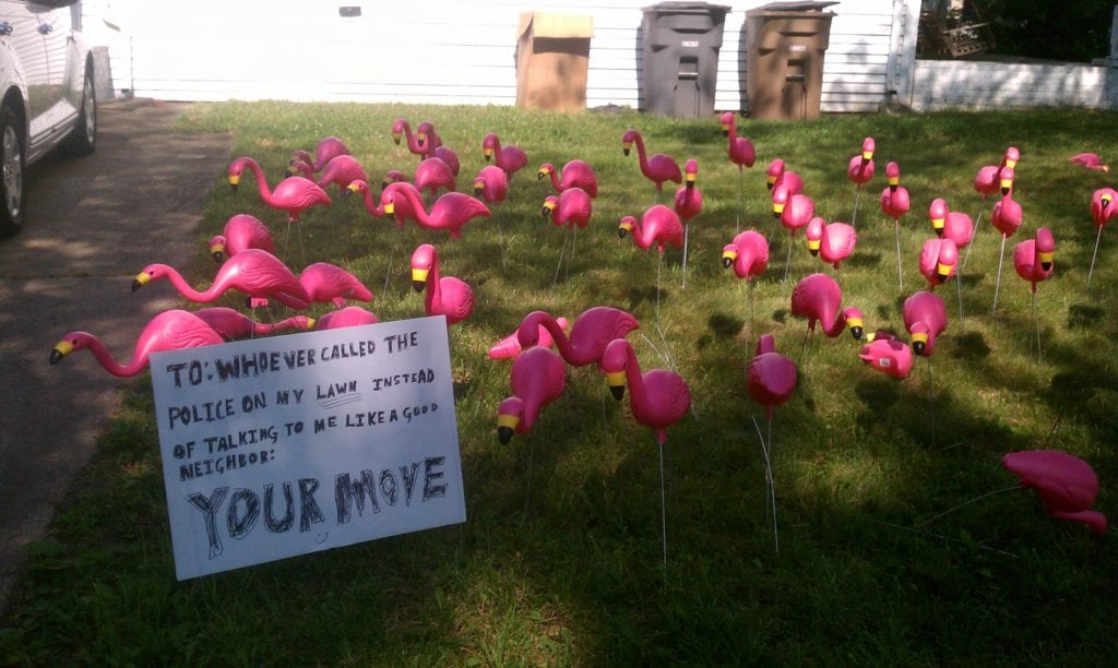 A lawn sign challenges a neighbor who called the cops because their lawn is covered in pink flamingoes.
