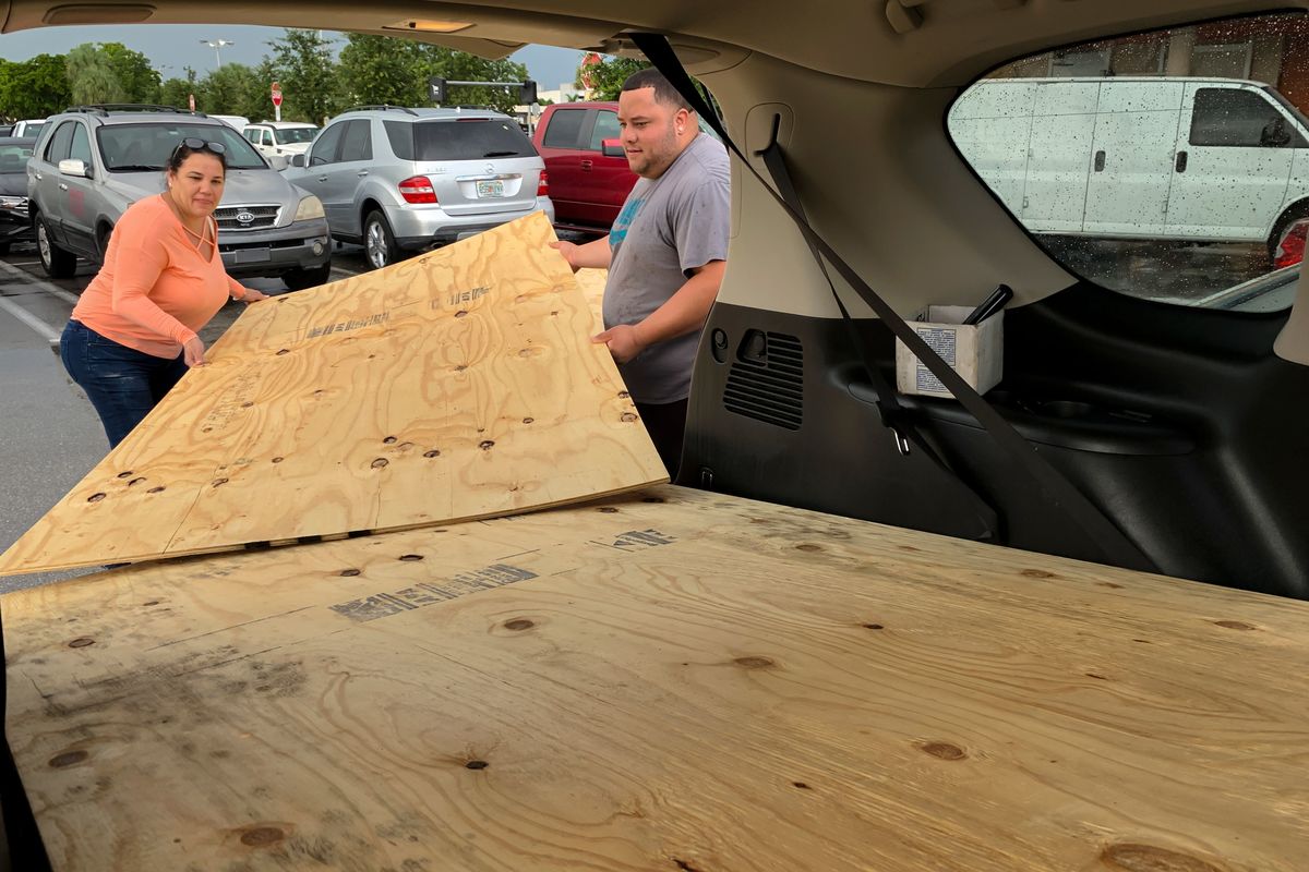 Customers load large plants of wood into the trunk of their car.