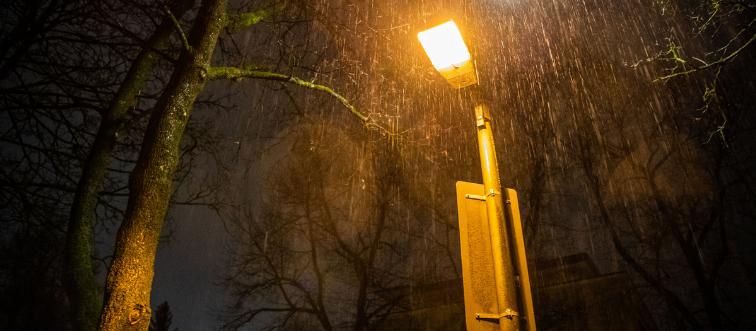 Rain is illuminated by a street lamp.