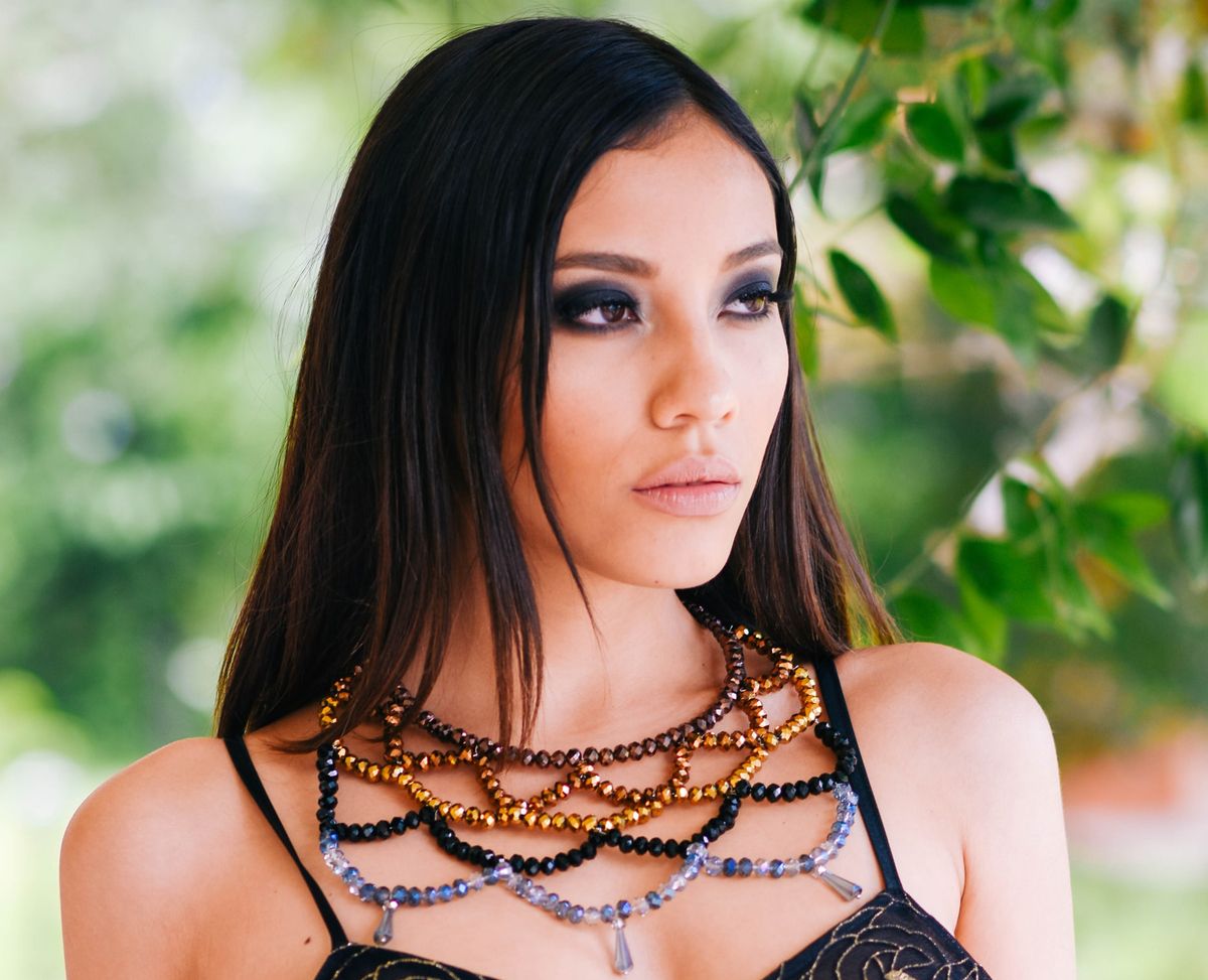 model necklace A model wears a large, elaborate beaded necklace.