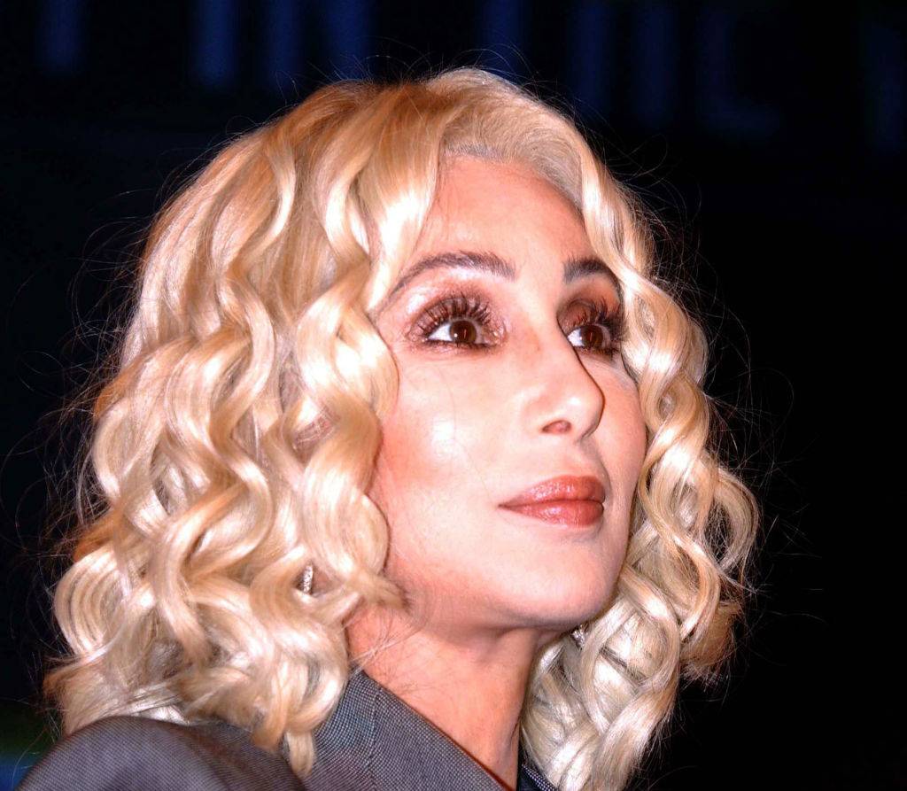 A closeup shows Cher with short, blonde, curled hair.