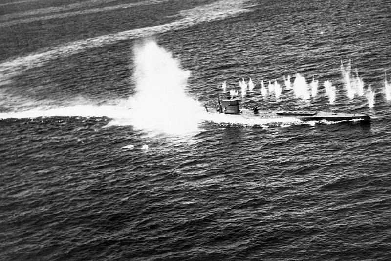 Submarine being hit by charges 