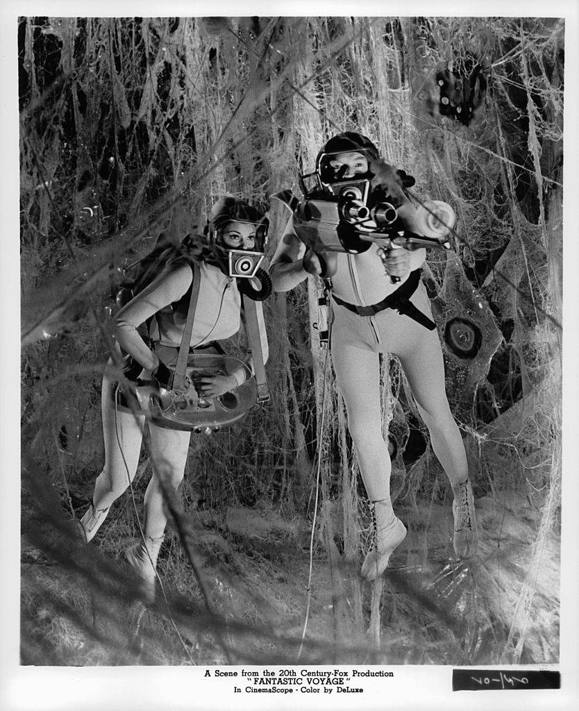 Raquel Welch and Stephen Boyd floating inside body in a scene from the film 'Fantastic Voyage', 1966.