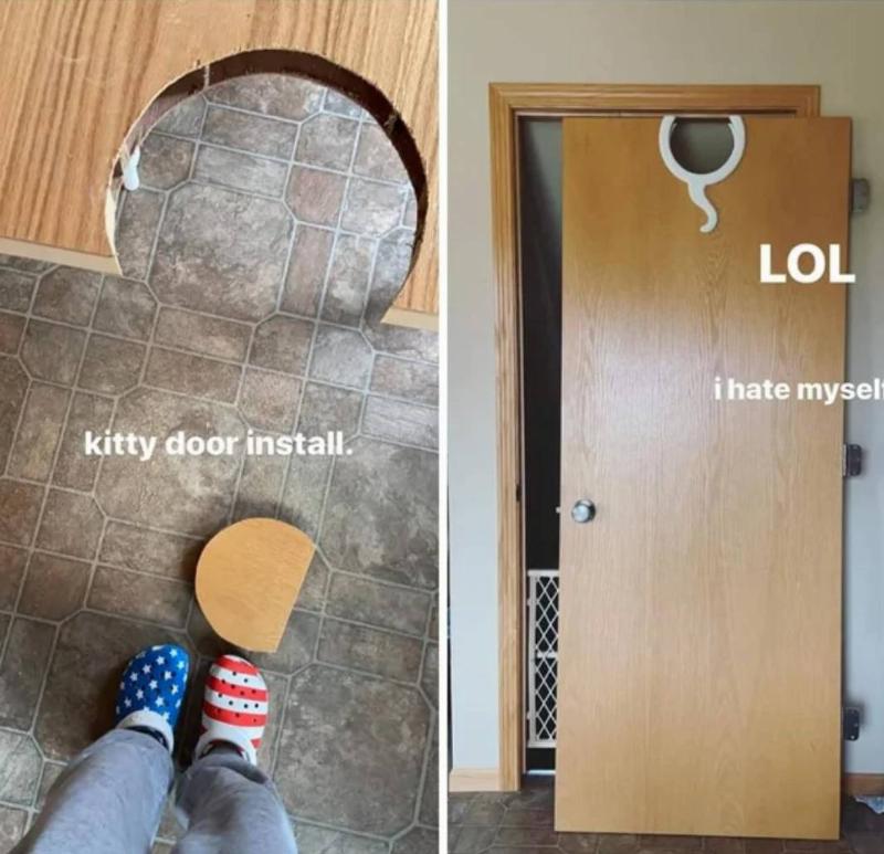 person accidentally cuts kitty door insert at top of door