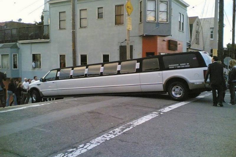 stretch limo stuck on a hill
