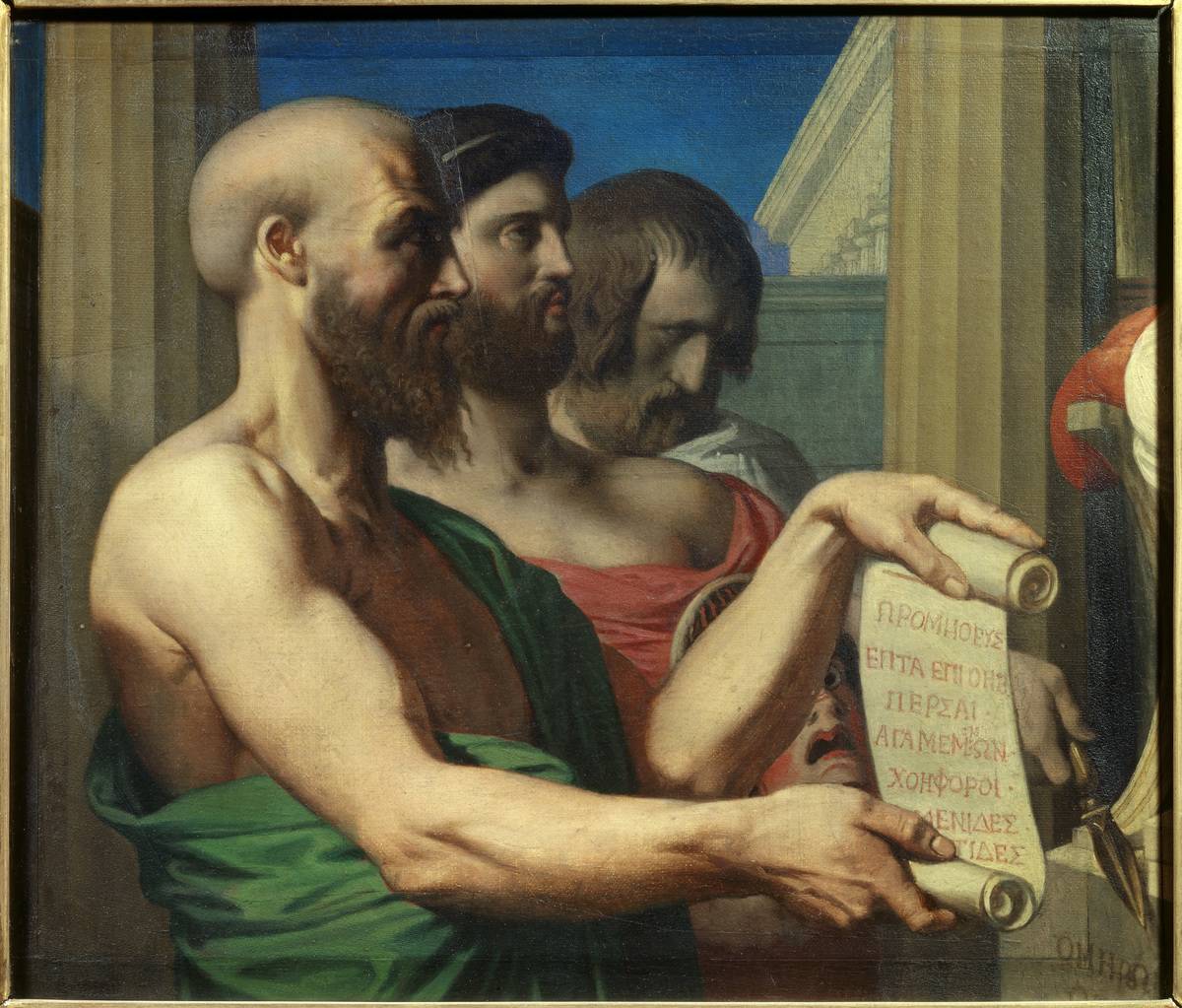 Art shows three Greek Tragedians standing in a row.