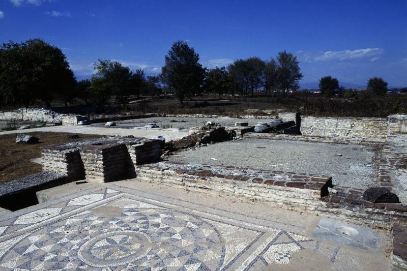 Mosaics decorate the floor of ancient Greek public baths. 