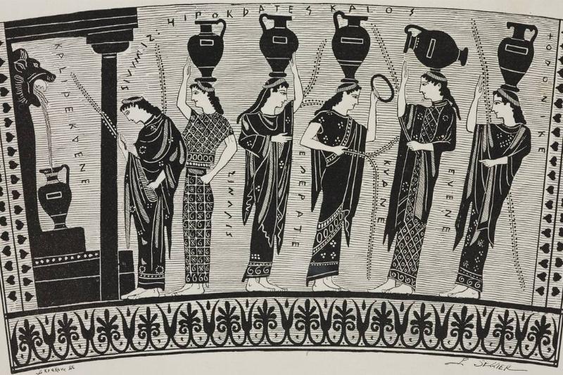 A Greek tapestry shows women lining up to fill vases with water from a fountain. 
